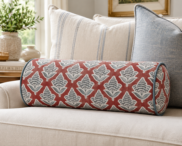 Makoto Scarlett Botanical Bolster | Scarlet, Lagoon Blue & Ivory Accent Pillow