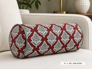 Makoto Scarlett Botanical Bolster | Scarlet, Lagoon Blue & Ivory Accent Pillow