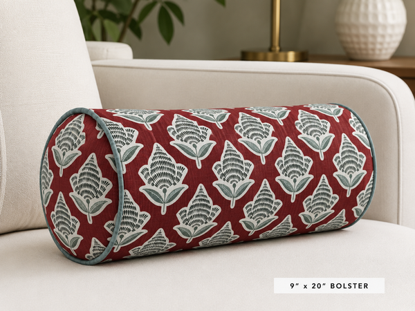 Makoto Scarlett Botanical Bolster | Scarlet, Lagoon Blue & Ivory Accent Pillow