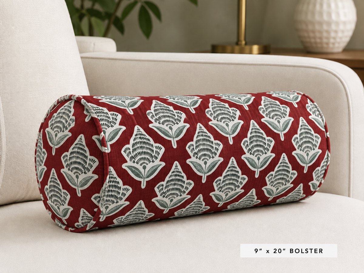 Makoto Scarlett Botanical Bolster | Scarlet, Lagoon Blue & Ivory Accent Pillow