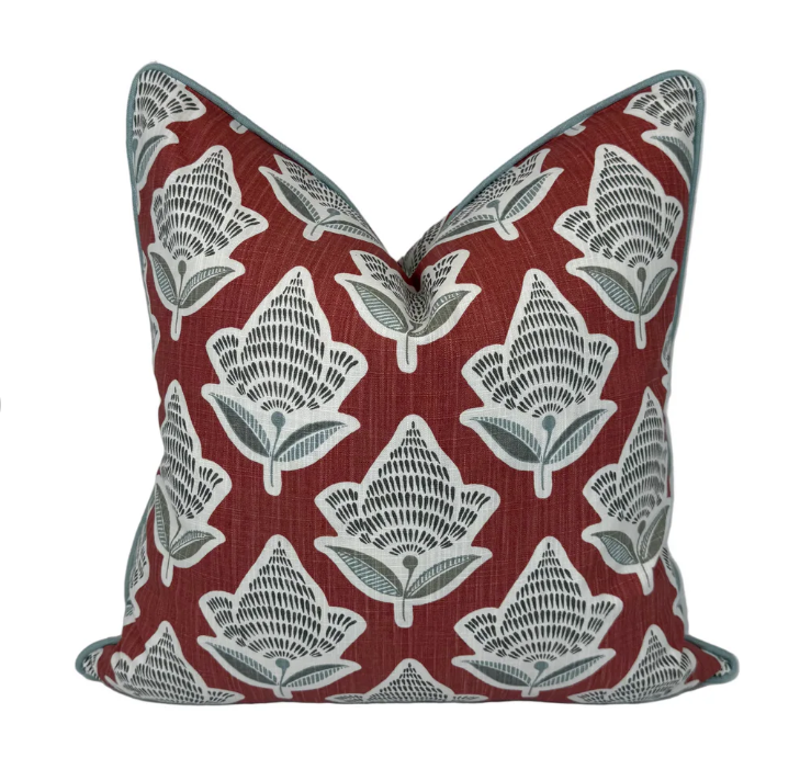 Makoto Scarlett Botanical Bolster | Scarlet, Lagoon Blue & Ivory Accent Pillow