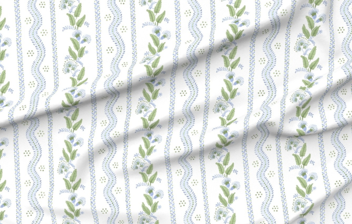 Cornflower Blues & Greens Vine Decorative Fabric by the Yard – Cotton Canvas or Outdoor Recycled Canvas Upholstery Fabric