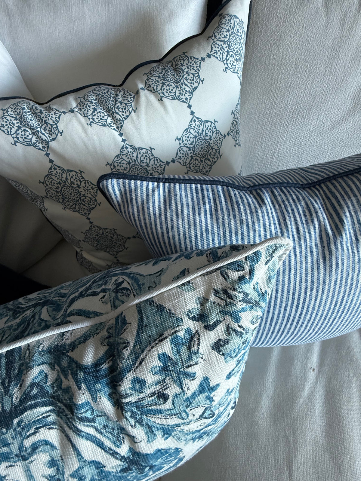 Daniel B. - 4 Custom Decorative Pillow Covers in COM - LF Sofia Azure Fabric w/ White Linen Welt & Dusty Ticking w/ Navy Spectrum
