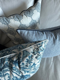 Daniel B. - 4 Custom Decorative Pillow Covers in COM - LF Sofia Azure Fabric w/ White Linen Welt & Dusty Ticking w/ Navy Spectrum
