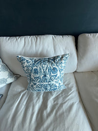 Daniel B. - 4 Custom Decorative Pillow Covers in COM - LF Sofia Azure Fabric w/ White Linen Welt & Dusty Ticking w/ Navy Spectrum