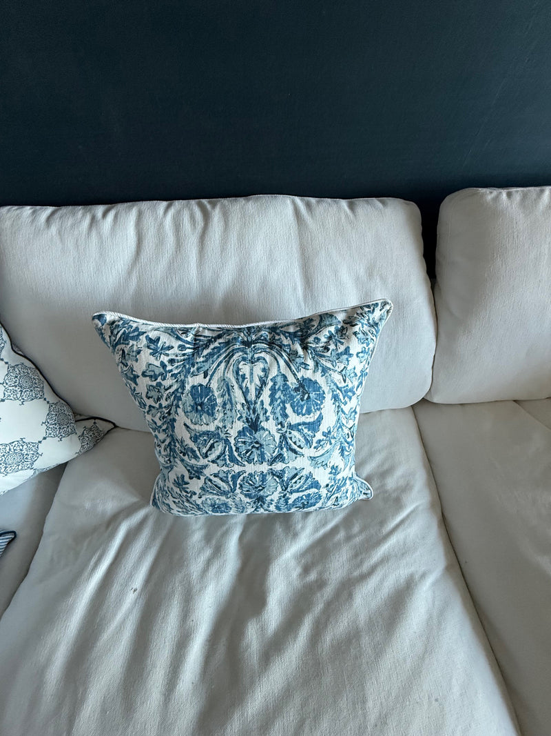 Daniel B. - 4 Custom Decorative Pillow Covers in COM - LF Sofia Azure Fabric w/ White Linen Welt & Dusty Ticking w/ Navy Spectrum